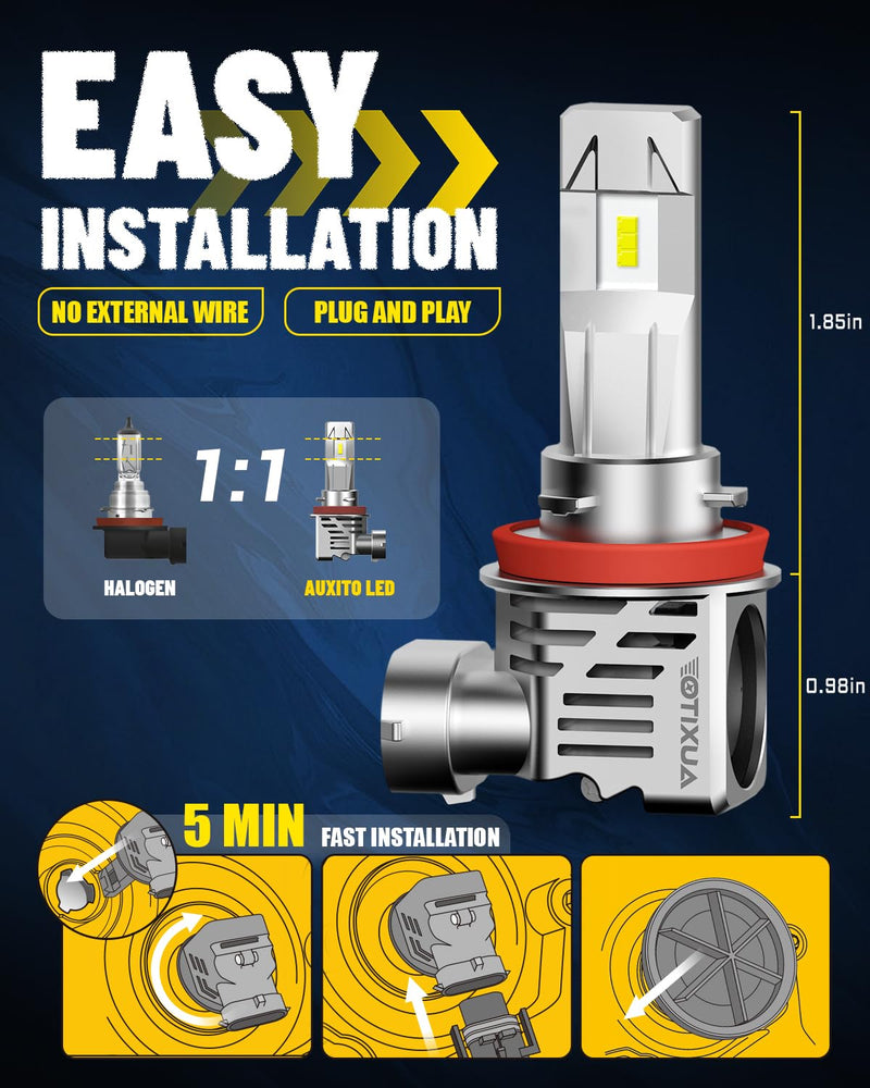  [AUSTRALIA] - AUXITO H11 LED Bulbs, 30000LM Per Set, 6500K Xenon White, Mini Size Wireless LED Light Bulbs, Pack of 2