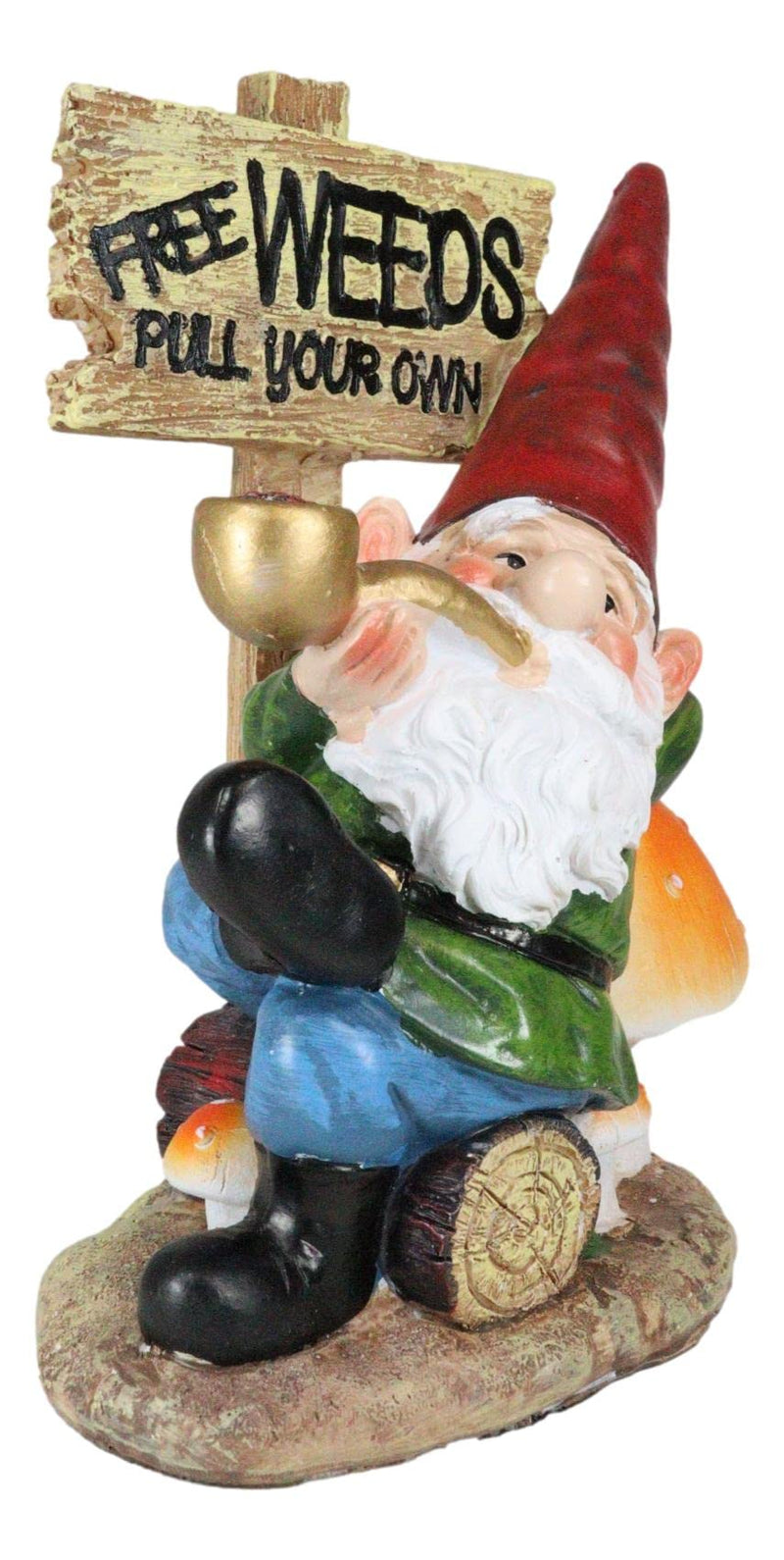 Ebros Gift Whimsical Festive Holiday Novelty Mr Gnome Grandpa Relaxing On Toadstool Mushrooms and Log by 'Free Weeds Pull Your Own' Yard Sign Figurine Travelling Gnomes DIY Fairy Garden Home Decor