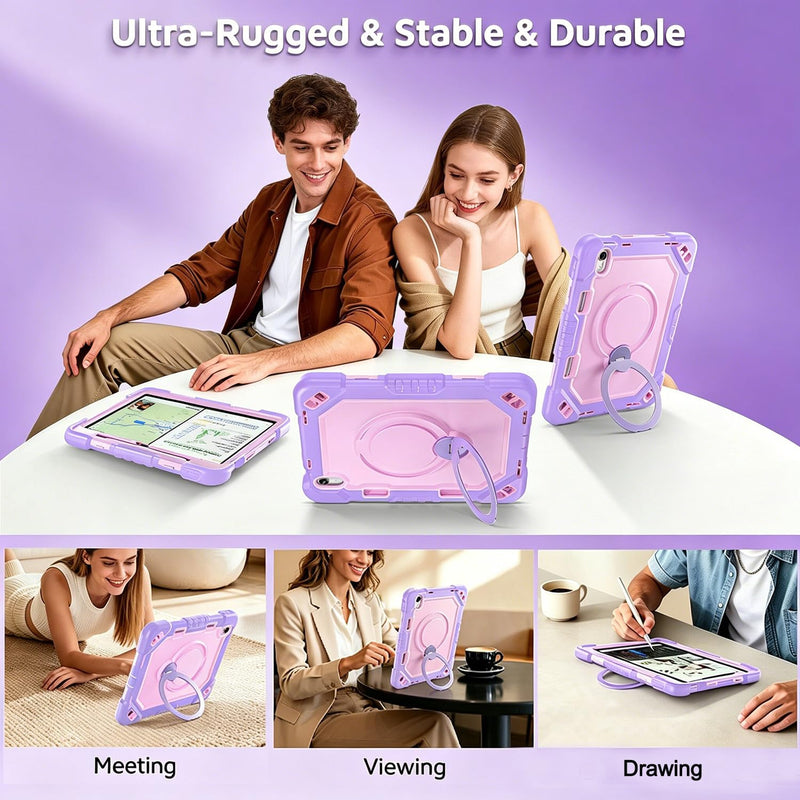 Case for iPad A16 11th Gen 11" 2025 & iPad 10th Gen 10.9" 2022 | 4-Layer Military Grade Shockproof Cover,Built-in Pencil Holder,360° Rotating Alloy Stand,Detachable Shoulder Strap Lilac Blush