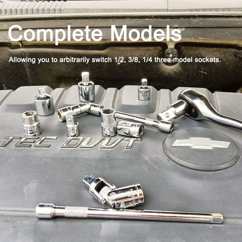 6 Piece Socket Adapter and Reducer Set, 1/4", 3/8", 1/2" Chrome Vanadium Steel Ratchet/Socket Extension/Conversion Kit for Automotive Maintenance Silver