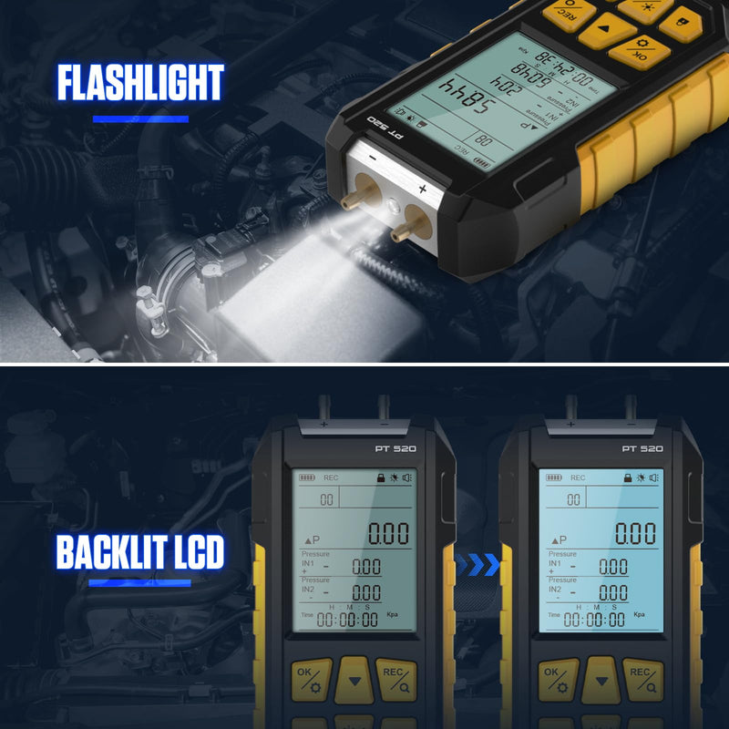 AUTOOL Manometer Gas Pressure Tester,Digital Manometer HVAC,10 Units Differential Dual Port Pressure Gauge -100 to 200Kpa,Data Zeroing with Backlight LCD Display PT520