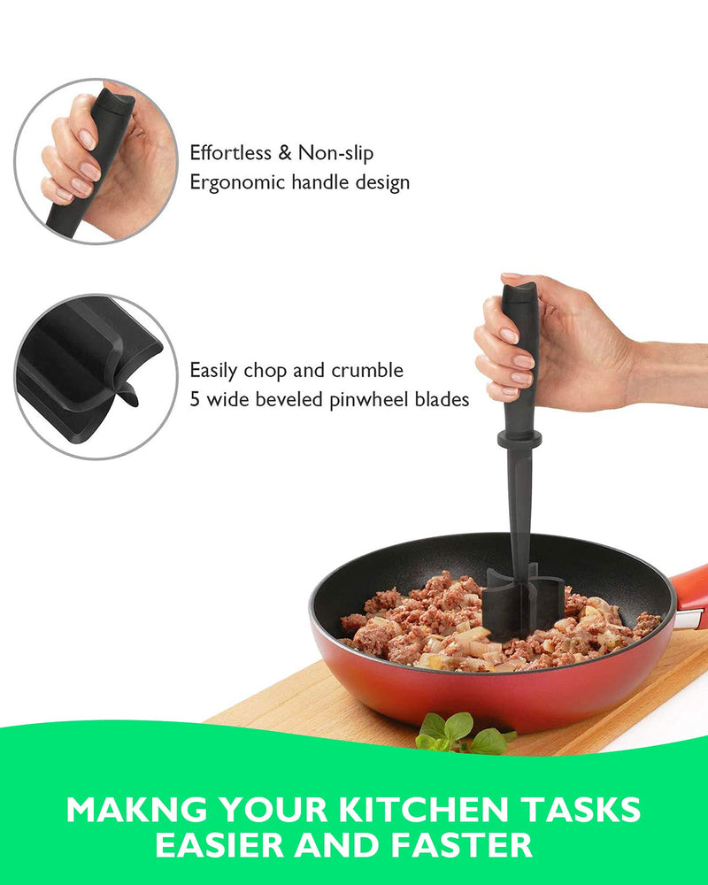 2Pack Meat Chopper, Heat Resistant Meat Masher for Hamburger Meat, Ground Beef Smasher, Nylon Hamburger Chopper Utensil, Meat Ground, Non Stick Mix Chopper Mix and Chop, Meat Masher Tool Gift Black