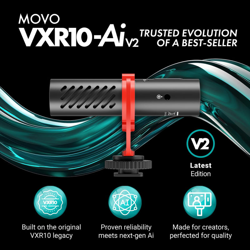 Movo VXR10-AI v2 Shotgun Microphone with AI Noise Cancellation - Camera Microphone for DSLR, Smartphone & Computer - Supercardioid On-Camera Mic with 3.5mm & USB-C Cables - Latest Version