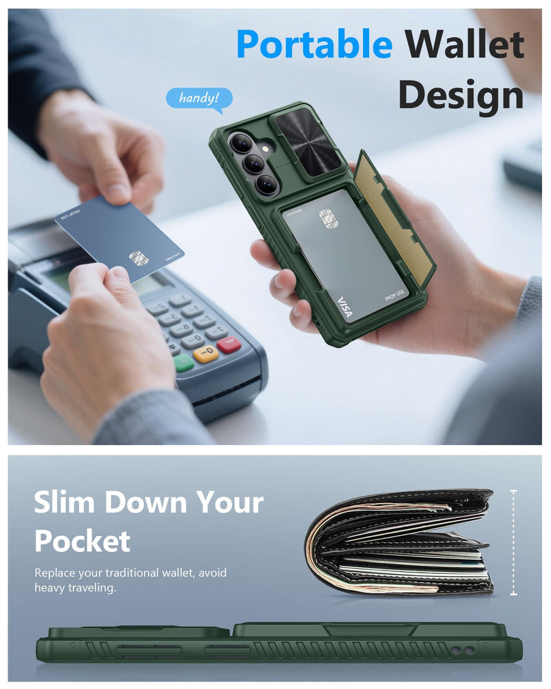 ATATOO for Samsung Galaxy S26 Wallet Case with 2X Screen Protector, Green | Card Holder (4 Cards), Slide Camera Cover, Military Grade Protection, Women Men, Heavy Duty Phone Case for Galaxy S26 6.3" Green with SP S26, 6.3"