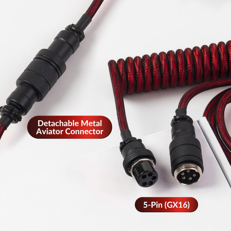 Keychron Premium Coiled USB-C Angled Red Cable, 5-Pin GX16 Detachable Metal Connector, USB-A Adapter, Double-Sleeved Design, for Mechanical Keyboards, Charging and Data Sync