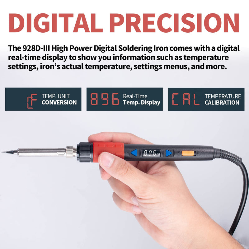 YIHUA 928D-III Soldering Iron,110W High Power, Fully Digital Display °F /°C- Temperature Control Soldering Tool, Accurate 194~896°F, with ON/OFF Switch, Iron Tip, Brass Wool, Automatic Sleep Mode Advanced Style - Digital Iron (High Power)