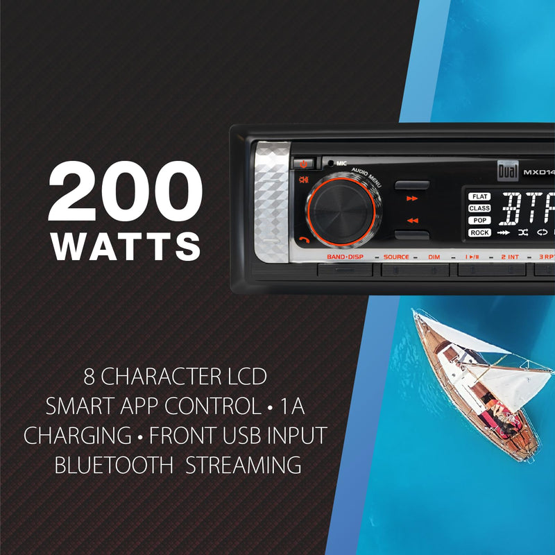 Dual Electronics MXD140B Marine Stereo with Built-in Bluetooth | Single DIN 8-Character Sunlight-Readable LCD Display | Weatherproof | AM/FM Stereo Receiver | USB Port with 2.1 A Charging | Black Marine Radio