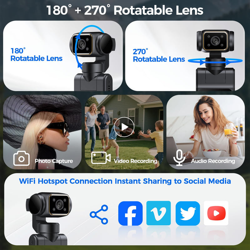 Pocket Vlogging Camera WiFi, 1080P Clip-On Mini Body Cam, Handheld Camera | POV Camera with Rotatable Lens, Night Vision, Fill Light, 1.54'' Screen, Portable Personal Camera for Travel/Sports/Working Black & 0GB
