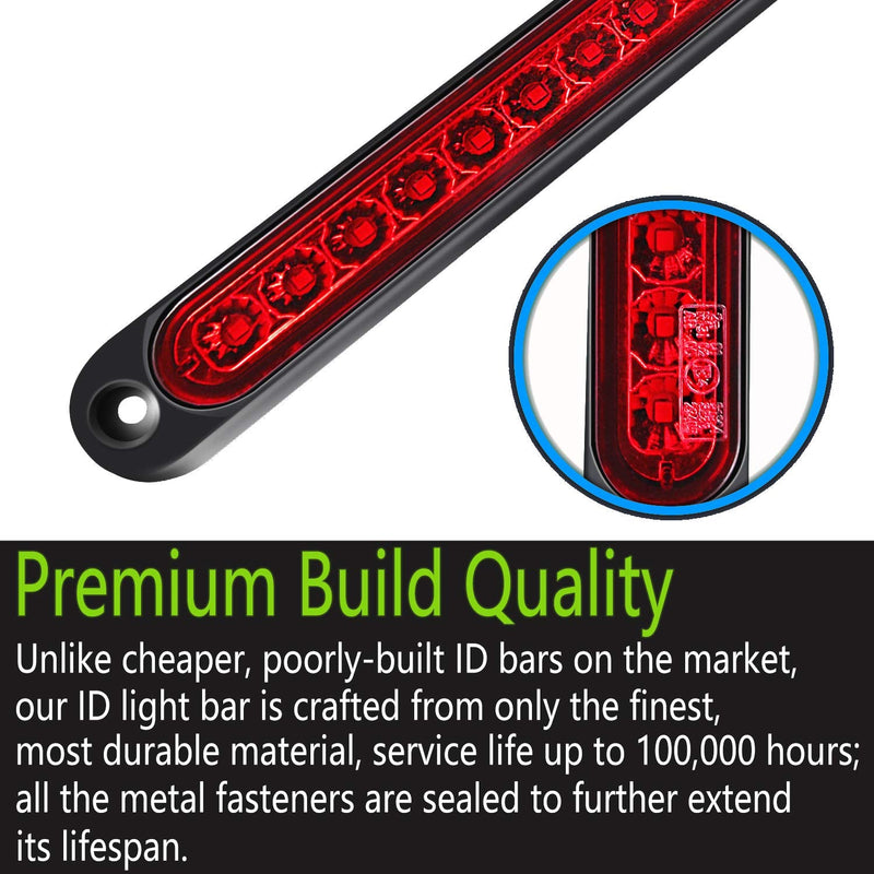 2 Pack 10" 15 LED Trailer Identification Light 9 to 30-volt, LED Stop Turn Tail Light Assembly Third Brake Bar Strip Rear Marker Light IP67 Waterproof for Heavy Duty Marine Boats Trucks Pickups Red
