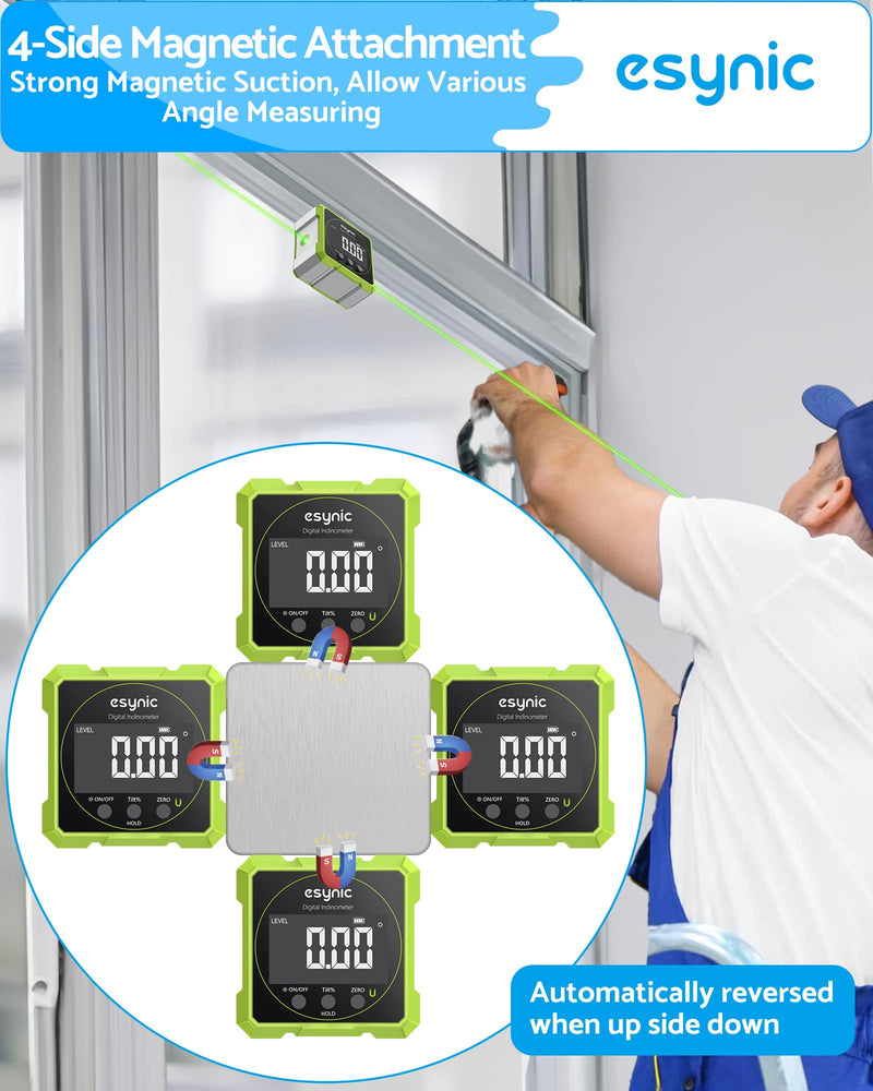 eSynic Rugged Digital Angle Finder with Laser-Type-C Rechargeable Digital Inclinometer-Waterpoof-4-Sides Magnetic Angle Gauge-Clear LCD Display for Construction (Laser Level: Class II Output: 0.51mW)