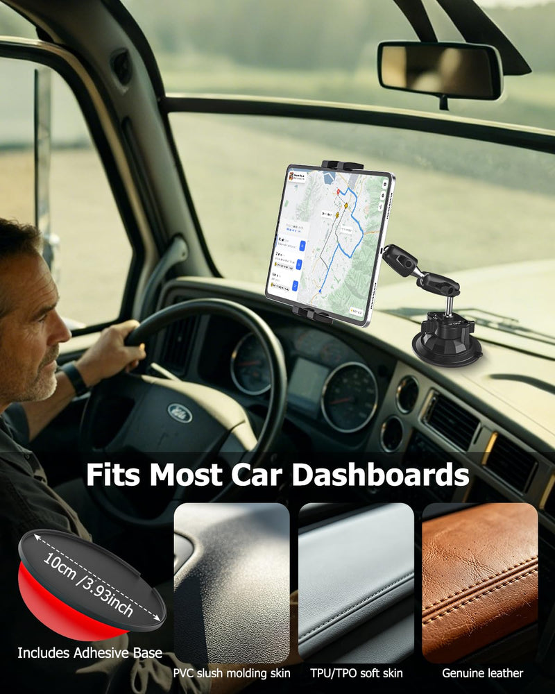 Car Cockpit Tablet Mount Suction, Vehicle Tablet Holder for Driver [Flexible Metal Arm] Dashboard Windshield Window Mounting for Tablets Phones, iPad, Galaxy Tab, Z Fold, iPhone, 4-13" Device