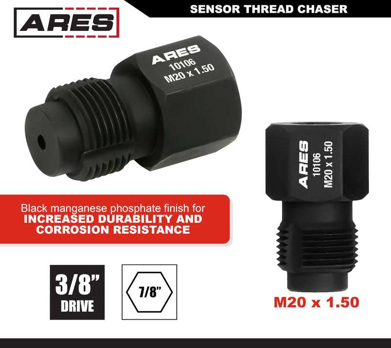 ARES 10106 – M20 x 1.5 NOx Sensor Thread Chaser Tool – Premium Heat Treated Carbon Steel Thread Chaser – 7/8-Inch Hex Head with 3/8-Inch Square Drive Design for Superior Versatility