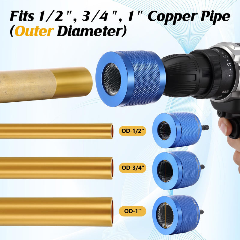 Copper Pipe Cleaner for Drill Set Includes External Stainless Steel Wire Bore Brushes, Internal Tube Cleaning Brushes, Replacement Plumbing Tools (1/2", 3/4", 1",Blue) Blue 1/2", 3/4", 1"