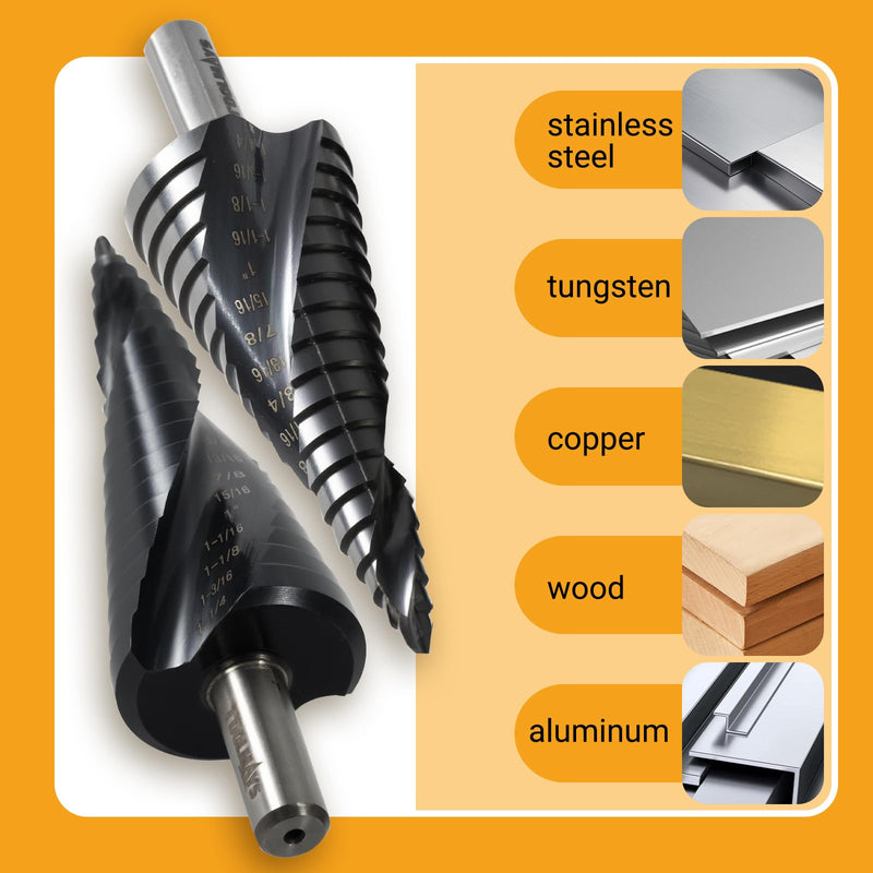 M35 Cobalt HSS Step Drill Bit, Nano TiAlN Coating with Spiral Flute, 18 Steps 3/16"–1-1/4", 3/8" Tri-Flatted Shank for Stainless Steel, Metal, Wood & Plastic Black