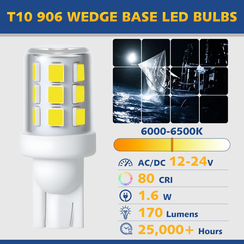T10 Wedge Base Boat Light LED Bulb 12-24V, 6000K White Marine Navigation Lights Replacement for Anchor Stern Interior All-Round Masthead Trailer Deck Light, Fits Pontoon Boats Sailboat Kayak (4PCS) 4 Pcs
