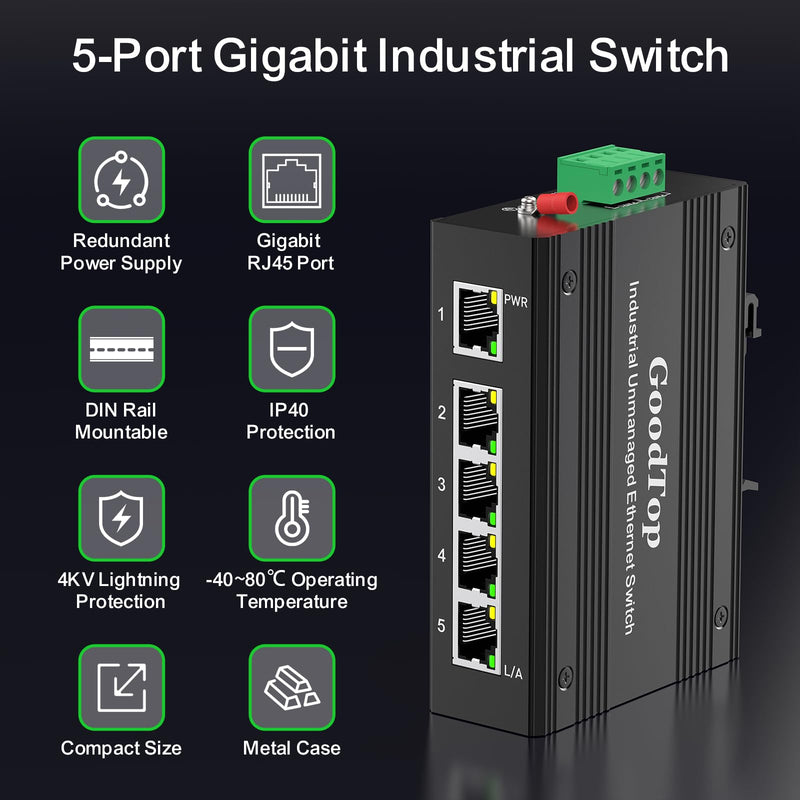 5 Port Gigabit Industrial Switch,10/100/1000Mbps Unmanaged DIN-Rail Ethernet Switch with 15W DIN-Rail Industrial Power Supply, IP40,One-Key VLAN,Lightning Protection 5 Port Gigabit