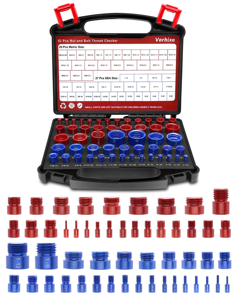 52pcs Thread Checker, 27 SAE & 25 Metric Nut and Bolt Thread Checker, Thread Gauge, Bolt Size Finder Kit for Size Check in Tricky and Narrow Areas 52