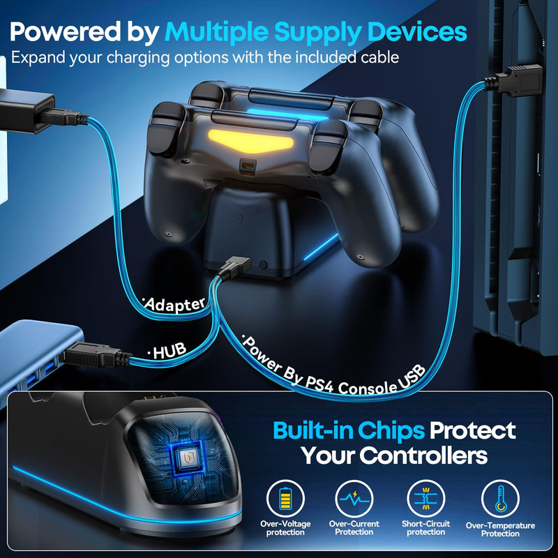 Charger Station for PS4 Controller, Dual Fast Charging Dock for PS4/Slim/Pro Dual Shock 4 Controller, PS 4 Remote Controller Charging Stand with 9 Modes RGB Light & LED Indicator PS4-6.54inch All-Black