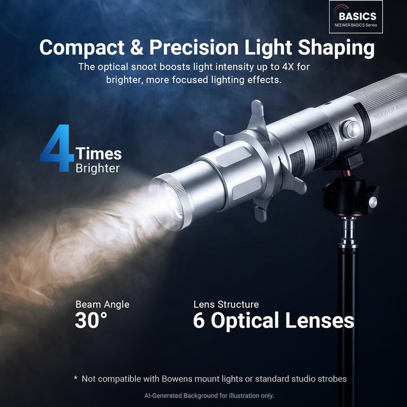 NEEWER Basics Spotlight Conical Optical Snoot Only for FL10/FL20/FL10P Photography Flashlight, 4X Brighter Projector Attachment with Adjustable Focus, 30° Beam Angle, 20 Metal Gobos, LS01