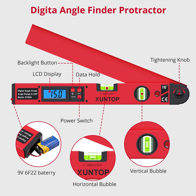 XUNTOP 0-225°/0.5° Digital Angle Finder 16” Aluminum Angle Measuring Tool with Horizontal&Vertical Bubbles Digital Protractor with LCD Display for Woodworking, Construction, Machinery