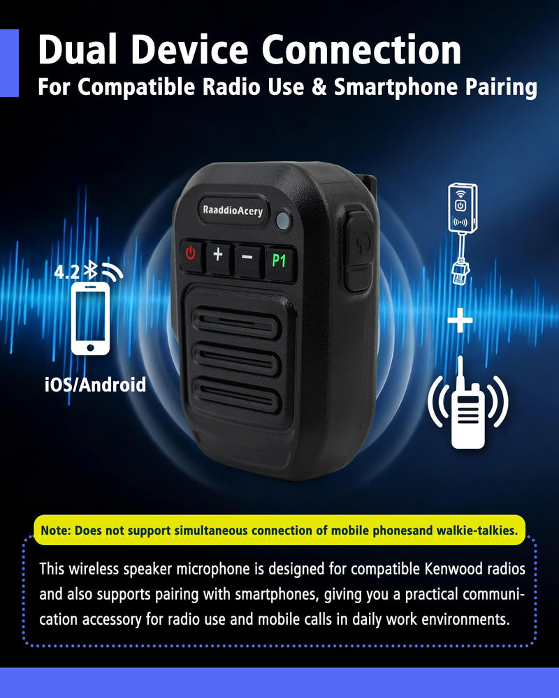 Wireless Speaker Microphone for Kenwood NX700 NX800 NX-820 NX-920 TK8180 TK7180 TK7360 TK8160 Car Walkie-Talkie Wireless Hand Long Range Mic with 360° Clip, USB-C Charging