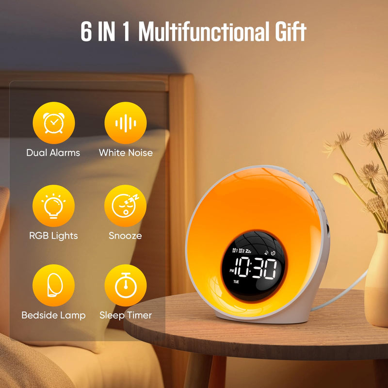 Wake Up Light Sunrise Alarm Clock, White Noise Sleep Sound Machine with 30 Soothing Sounds, Night Lights, Dual Alarms, Snooze, Timer, Bedside Lamp, Christmas Gift for Women, Kids, Heavy Sleepers Large