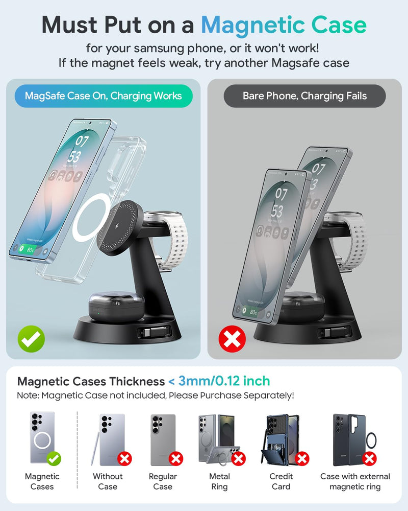 Meifigno 4 in 1 Magnetic Charger for Samsung with 20W Fast Retractable Cable, Wireless Charging Station Designed for MagSafe Charger Stand for Galaxy S26 Ultra Z Fold7/Flip7/Galaxy Watch Ultra 8/Buds