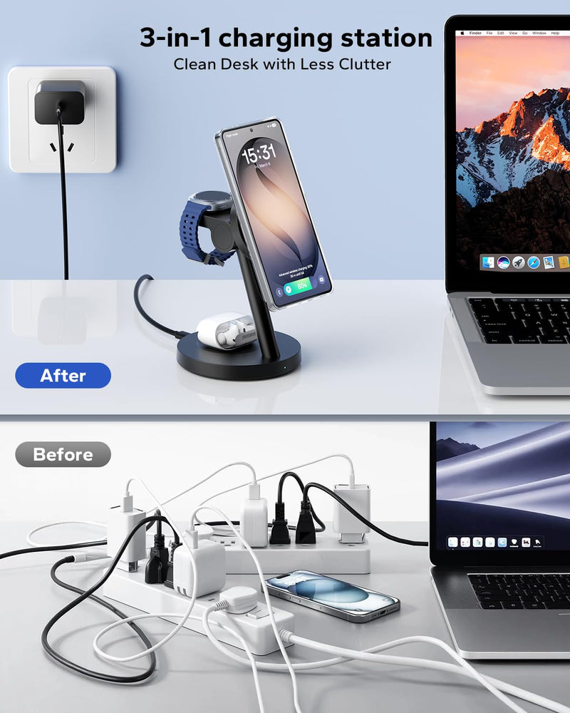 for Samsung 3 in 1 Charging Station, Magnetic Wireless Charger Stand for MagSafe for Samsung Galaxy S26 Ultra/S25/Z Fold7/Flip7, Phone Watch Charger Dock for Galaxy Watch Ultra/8/7 and Buds Black