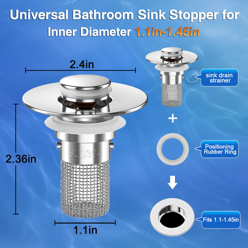 Bathroom Sink Drain Strainer, Pop-up Sink Drain Strainer with Removable Stainless Steel Strainer Basket Hair Catcher, Bathroom Sink Strainer for Bathroom Sink Stopper Replacement (3PCS) Sliver-3