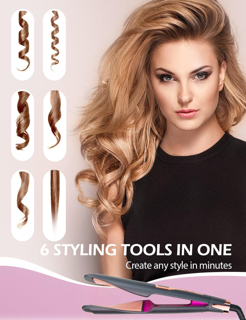 ANGENIL Twist Hair Straighteners and Curler 2 in 1, Flat Iron for Women | Dual Voltage Hair Straighteners Round Hair Curling Iron with Anti Silicone Mat, Multi-Stylers, LCD Display, (130°C-230°C) Twist Hair Straightener_grey