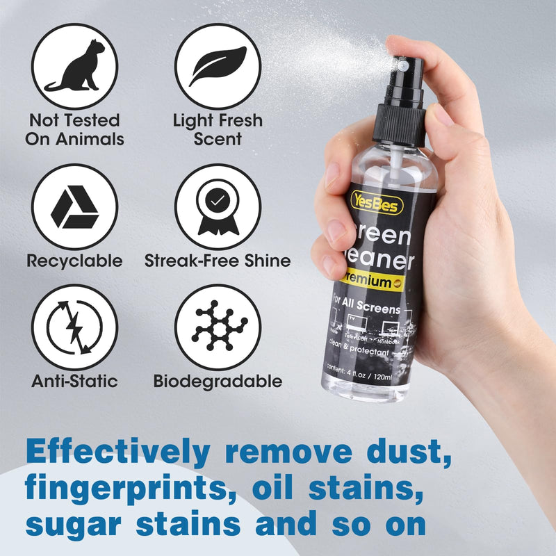 Screen Cleaner Spray 16oz (4oz x 4 Pack) - TV Screen Cleaner Spray and 2 Microfiber Cloths, Computer Screen Cleaner & Car Screen Cleaner for TV, Monitor, Laptop, MacBook, iPad and Electronic Devices