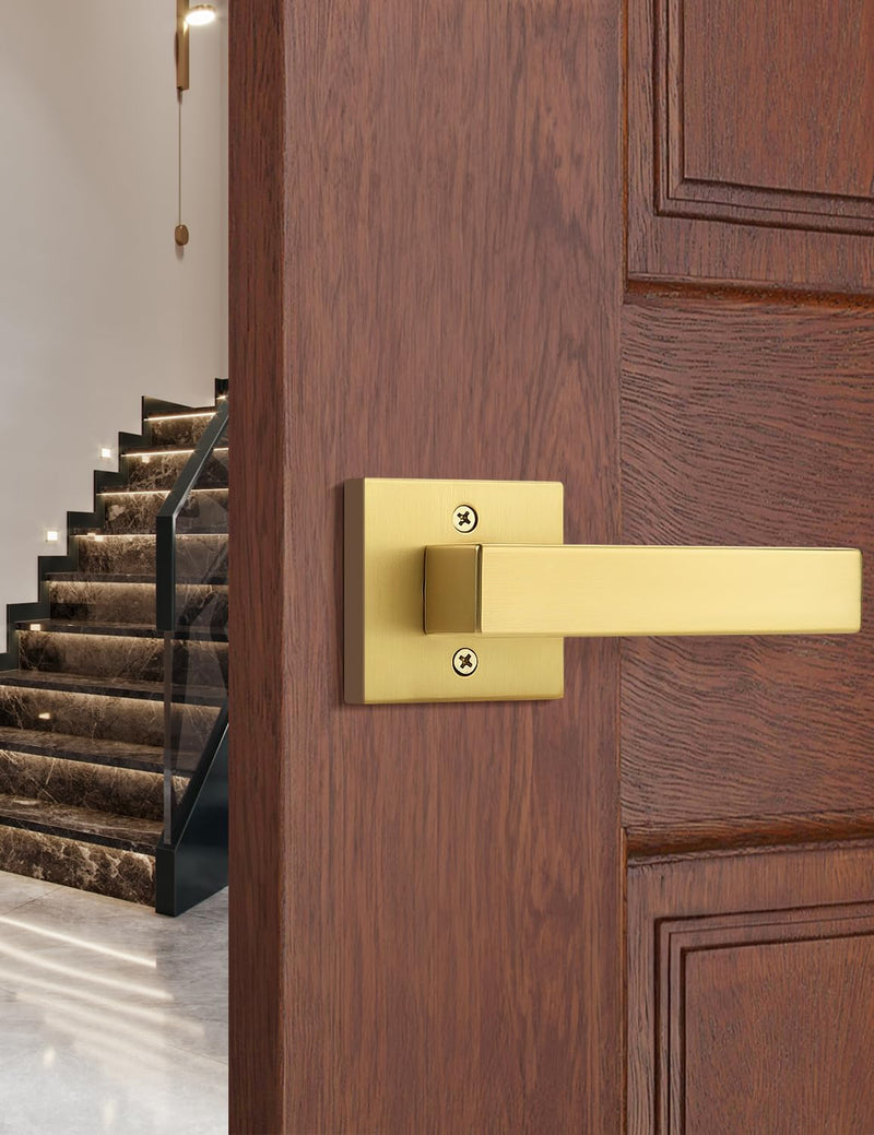 Tinewa 2 Pack Gold Dummy Lever Door Handles for Closets French Doors, Satin Brass Finish, Interior Dummy Door Locksets for Hall Closet Door Knobs Lock Reversible Right & Left Handed Gold-Half Dummy