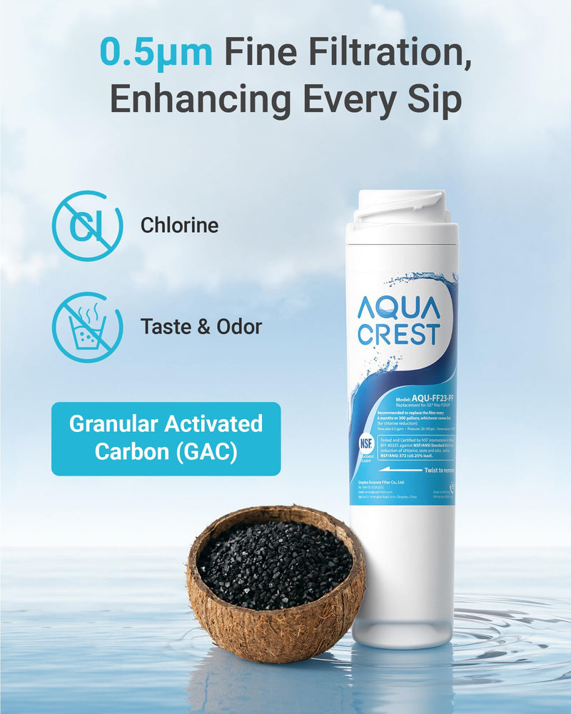 AQUA CREST FQROPF, FQSLF Under Sink Water Filter, Replacement for GE FQROPF, FQSLF, GXSV65R, GQSV65R, PXRQ15F, PNRQ15F, NSF 42 Certified, Model No.AQU-FF23-PF, 2 Pack
