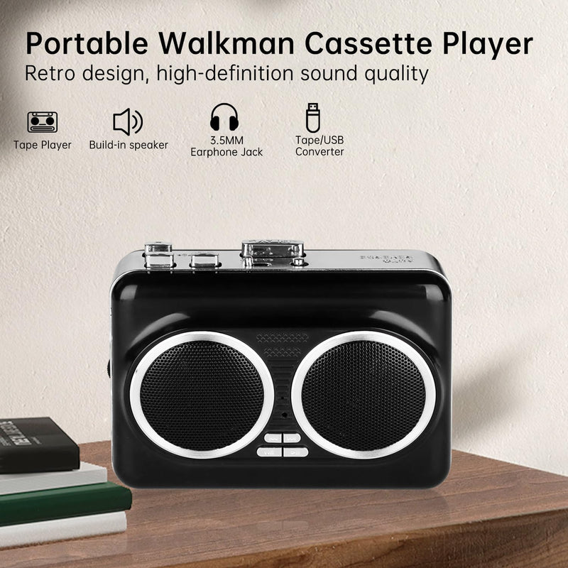 Cassette Player Recorder, Portable Cassette Tape Player with Built-in Dual Speakers, Auto Reverse, Cassette to MP3 Converter,Rewind Stereo Cassette（Black） Black