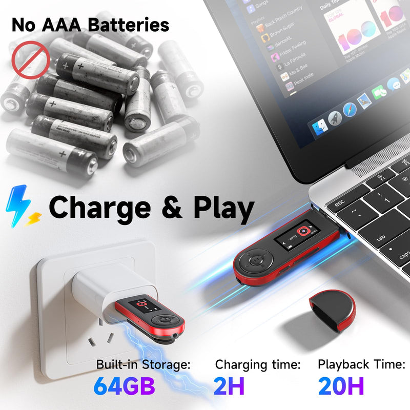 64GB USB MP3 Player with Bluetooth 5.3 & Clip for Sports Running | Only 1 oz, Physical Buttons, Folder & Resume Playback, FM Radio, Voice Recorder, Supports Phone File Transfer (OTG)