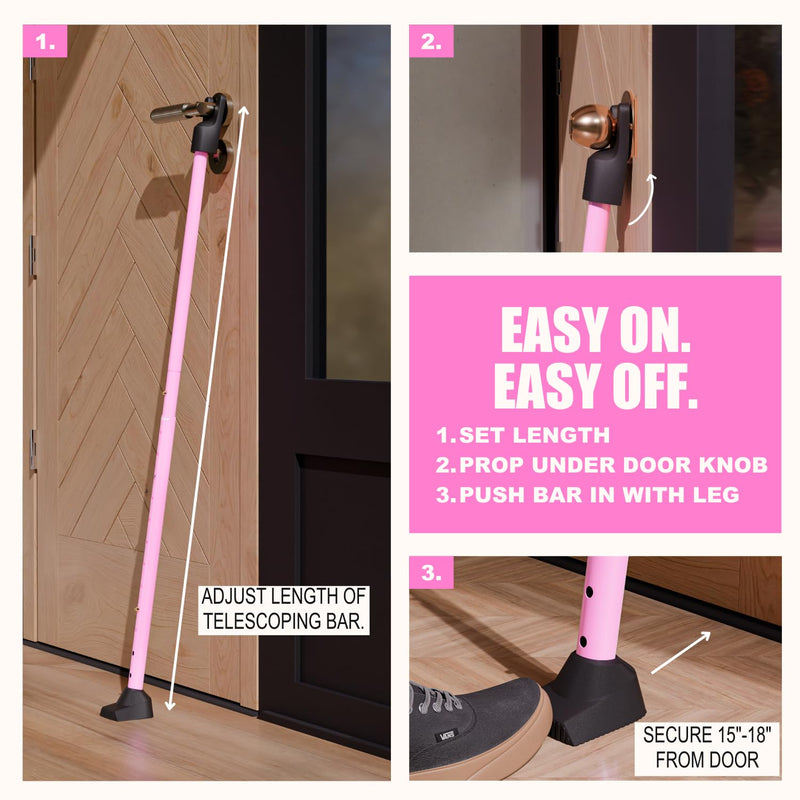 SECURITYMAN 3-in-1 Door Security Bar, Security Door Stoppers & Door Barricade – Heavy Duty Adjustable Iron Security Lock Bar for Home Defense, Apartment & Travel Safety (1 Pack - Pink) 1 Pack