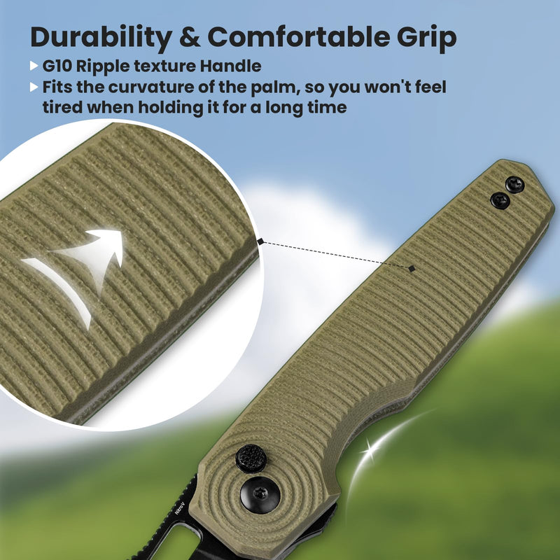Kizer Dogfish Pocket Folding Knife, 3.14" Nitro-V Steel Blade Button Lock Knife, G10 Handle EDC Knives V3640A2 Green