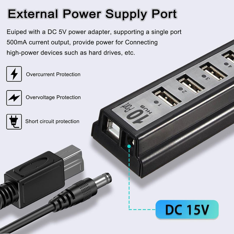 Powered USB Hub 2.0, VIENON 10-Port USB Hub USB Extender Splitter (Support Smart Charging + Faster Data Transfer) with Individual LED Indicator Light for MacBook, PC, Laptop, All-in-One Powered 10-Port