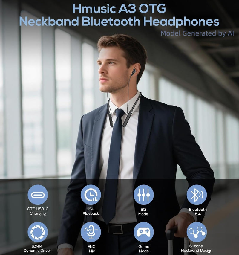 Hmusic A3 OTG Neckband Headphone, 3-EQ Mode/Dual USB-C Charging/12mm Driver | 35H Playtime, Bluetooth 5.4, Magnetic Earbuds, Connect with 2 Devices, Around Neck Wireless Earphone for Office/Travel/Sports GunGrey