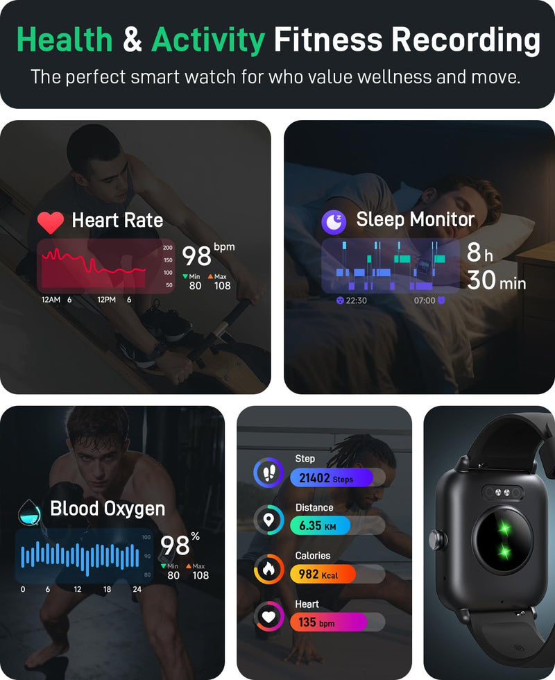 Smart Watch for Women Men, 1.85" Fitness Tracker for Android/iPhone, 2-Band | Bluetooth Call & Text Alert, Alexa Built-in, 24/7 Heart Rate/SpO2/Sleep/Cycles Monitor, 120+ Sports, IP68 Waterproof Black