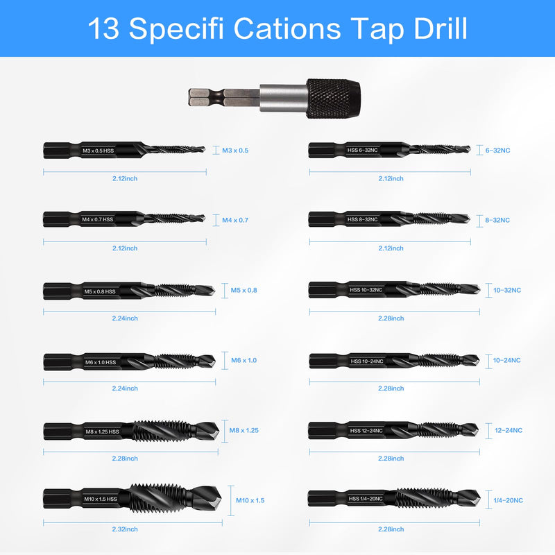Drill & Tap Bits Set of 13 pcs - 6 SAE Sizes: 6-32NC to 1/4-20NC, 6 Metric Sizes: M3 to M10 and a Quick-Change Adapter – Combine Drilling Tapping Threading Countersinking Functions in One Bit, Black 13 Pcs Tap Set
