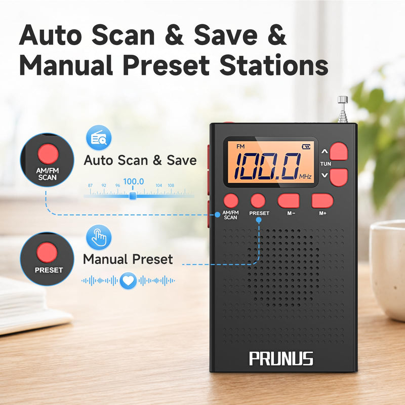 PRUNUS J-125 Pocket AM FM Radio Portable Mini Radio with Stereo Earphone | Battery Operated Radio by 2 AAA, Manual Preset, Lock Key, Walk man Radios Digital Radio for Hiking, Travel