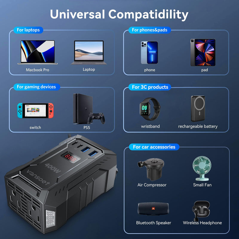 400W Car Power Inverter DC 12V to 110V AC Inverter with PD 30W/15W+2*USB A Ports & 2 AC Outlets for Laptop/Phone/Road Trip