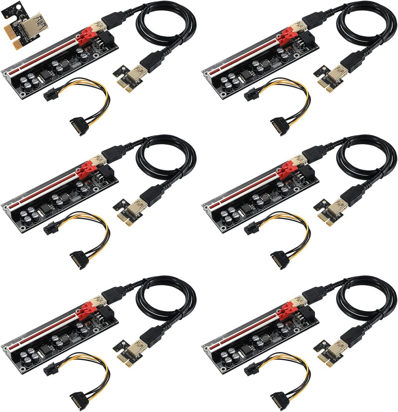 VER009S-PLUS PCI-E 1X to 16X Riser Card, 8 Solid Capacitors,6 PIN SATA Power Cable, 60cm USB 3.0 Extension Cable, Suitable for GPU Bitcoin Ethereum Mining (6 Pack)