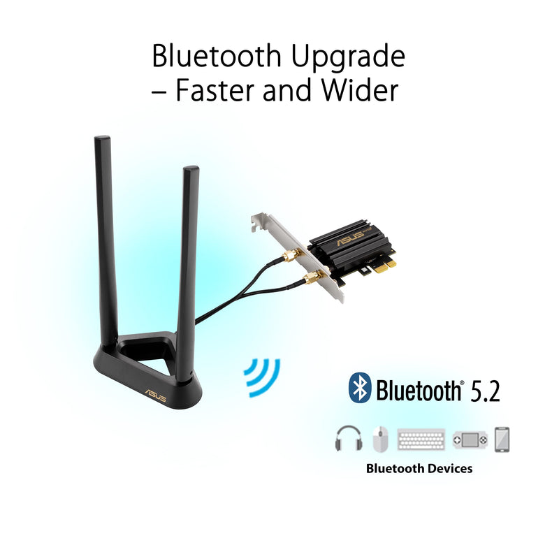 ASUS WiFi 6E + Bluetooth 5.2 PCI-E Expansion Card (PCE-AXE58BT) - Supports 6GHz Band, WPA3, 160MHz, WPA3 Network Security, OFDMA and MU-MIMO, External Antenna, Magnetic Base, Ultra Low Latency WiFi 6E | BT5.2