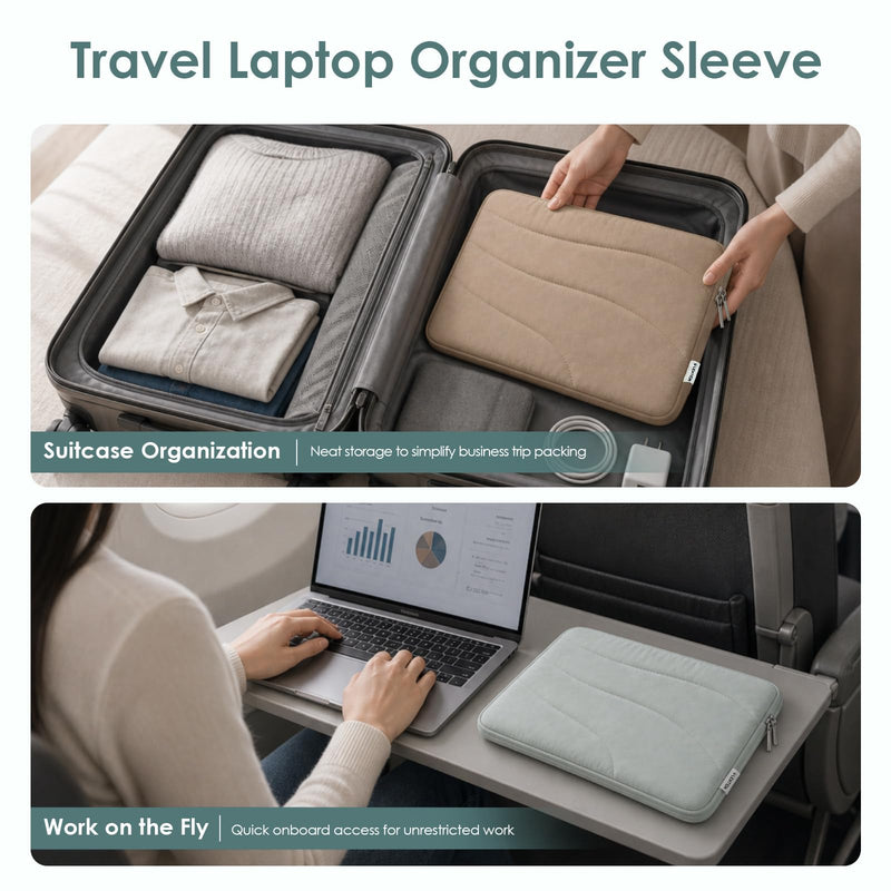 LENTION 14" Cloud Puffy Laptop Sleeve, Water-Resistant Shock-Absorbing Case | Velvet Inner Lining, Slim Portable Design, Minimalist Sage Gray Compatible with 13-14 Inch Laptops for Daily Commute & Travel