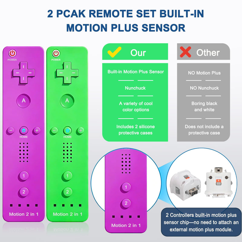 ZeroStory 2 Pscks Remote Controller Build in Motion Plus and Nunchuck for Wii/Wii U, Gamepad with Silicone Case and Wrist (Purple and Green) Purple&Green