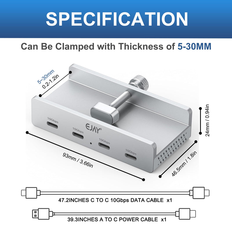 EJAY 10Gbps USB C Hub 4Ports Aluminum USB 3.2 Docking Hub Clamp Design for Desk/Computor with Extra Power Supply Port and 47inches Long Data Cable&39inches Power Cable (BJ-4C-SV) with 4 USB C Silver