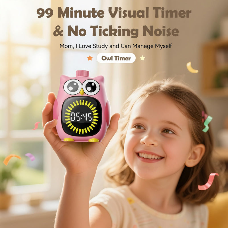 Doli Yearning Visual Timer for Kids, 99 Minute Cute Owl Digital Countdown Timer for Home School Classroom Supplies Study, Silent Time Management Tool (Pink) Pink