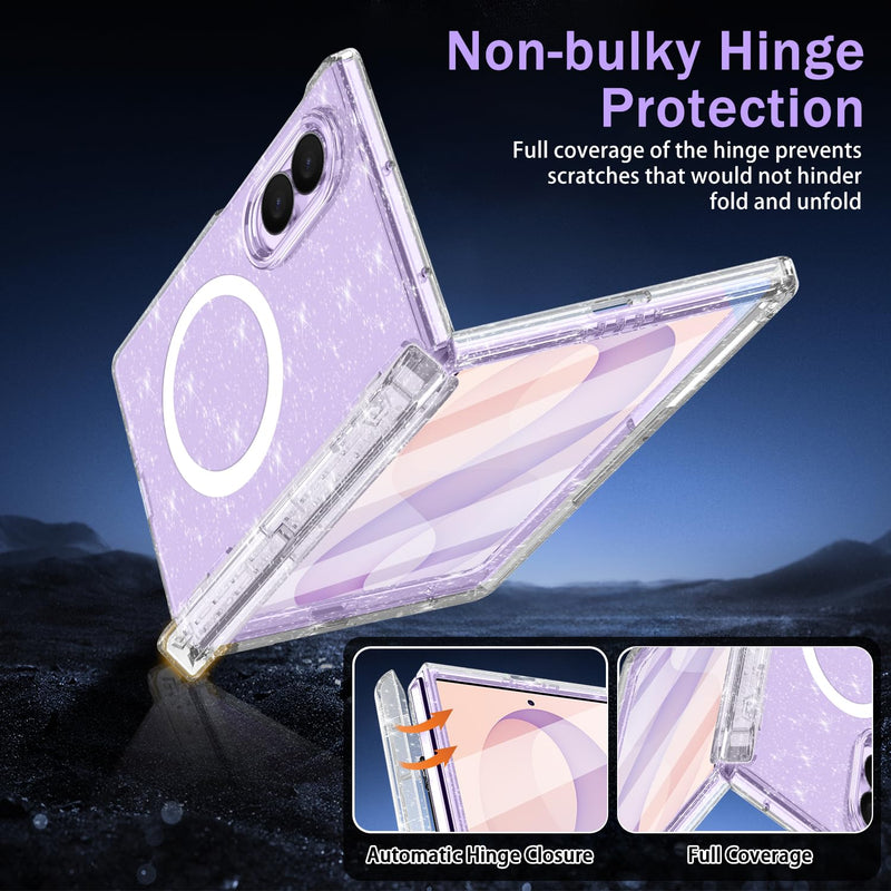 Casetego for Galaxy Z Fold 8 Case Magnetic,[Compatible with MagSafe][Built-in Screen Protector][Kickstand][Hinge Protection] Slim Shockproof Cute Women Girl Case for Samsung Z Fold,AllGlitter Hot Clear-Stand